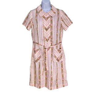 Vintage 60s Cedar Glen Dress House Coat Womens Size M Pink Floral Belted Zip